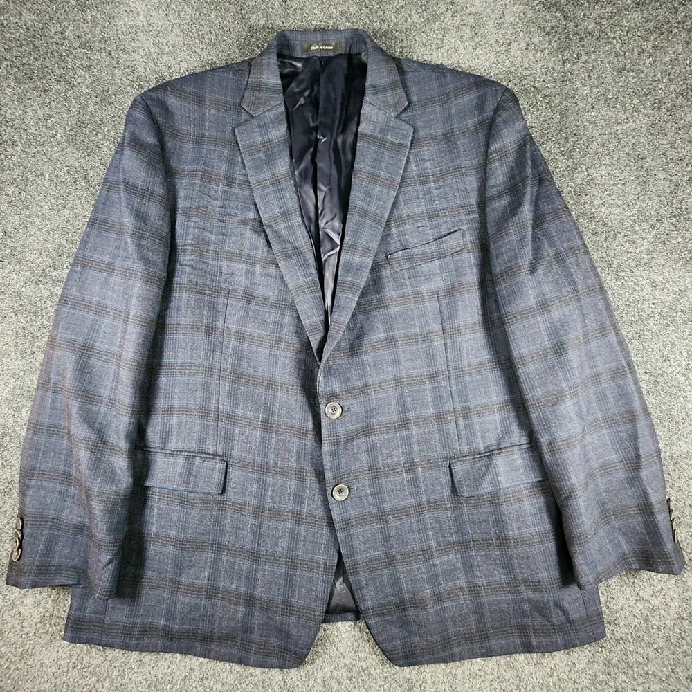 Austin Reed Sport Coat Mens 50R Blue Plaid Windowpane Wool Two Button Blazer EUC